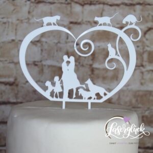 Cake Topper Paar im Herz mit Mädchen 3 Hunde und 3 Katzen Weiß