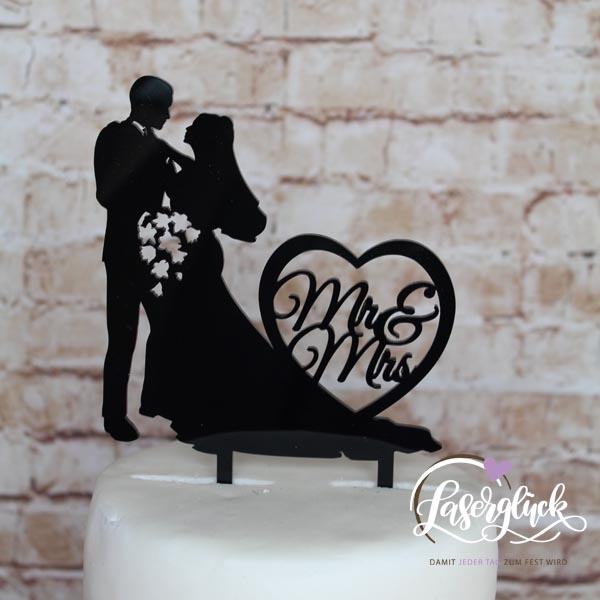 Cake Topper Paar mit Blumenstrauß und Herz Schwarz