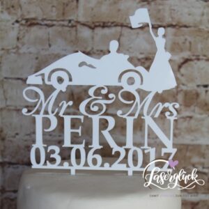 Cake Topper mit Rennwagen und Namen Weiß