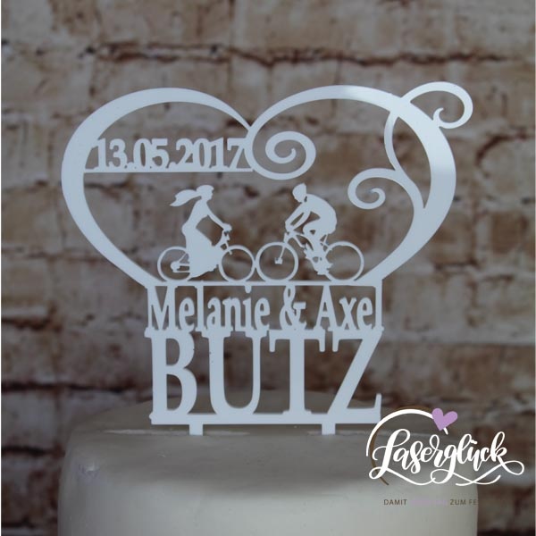 Cake Topper Brautpaar auf Rad im Herz mit Namen Weiß