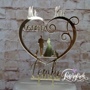 Cake Topper Paar im Herz mit 2 Katzen Gold verspiegelt