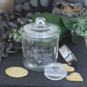 Keksset bestehend aus graviertem Keksglas mit Kesstempel und Ausstechform